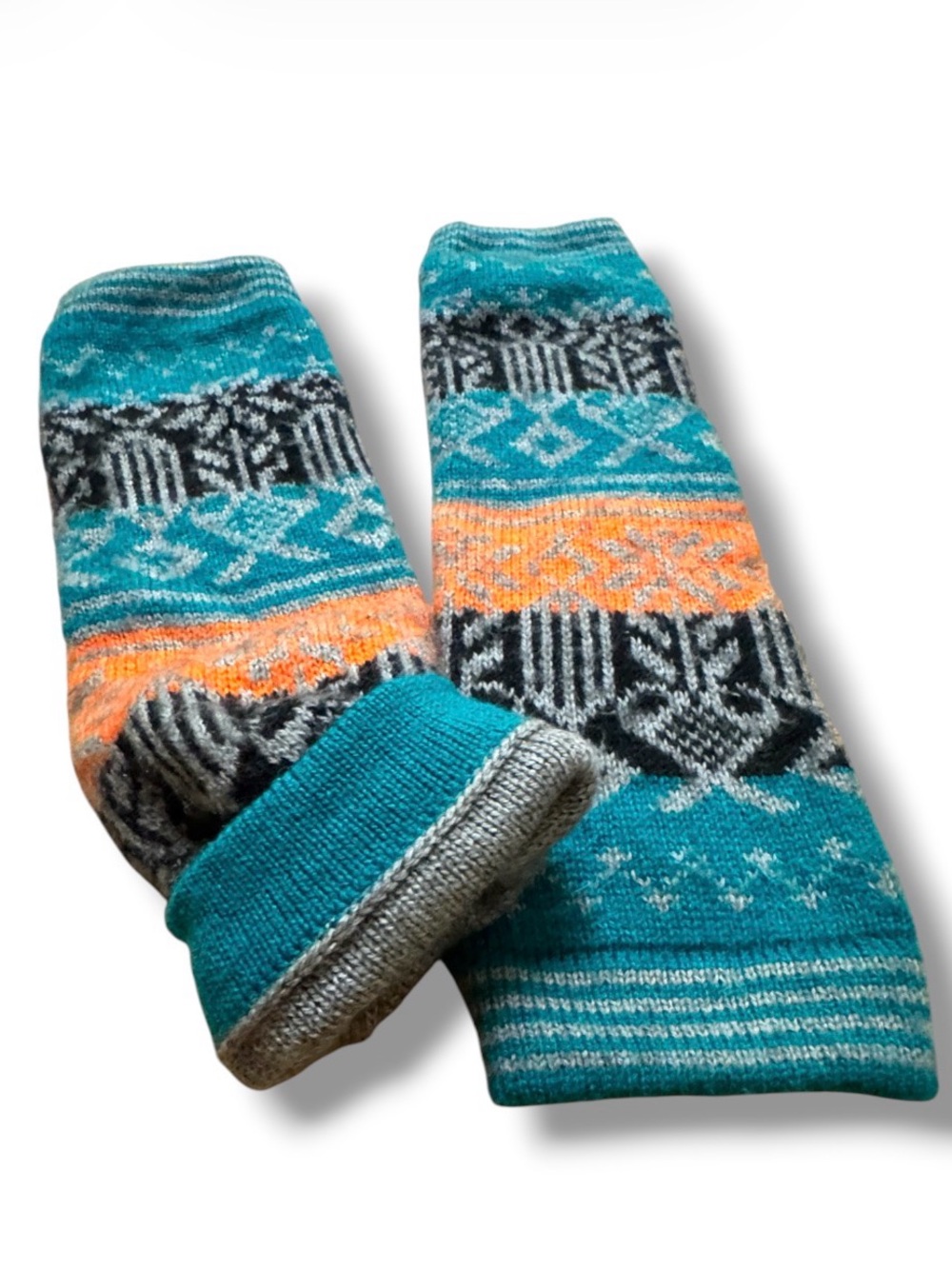 The Tahoe Leg Warmers Turquoise & Orange Patterned Alpaca One Size - Picture 2 of 2